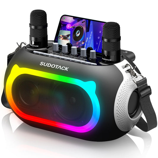 SUDOTACK Karaoke Machine for Adults Kids with 2 Wireless Microphones, Bluetooth PA Speaker System with Echo/Bass/Treble Adjustment for Home Party, Outdoor, Church, Picnic, Birthday Gifts (Space Black)