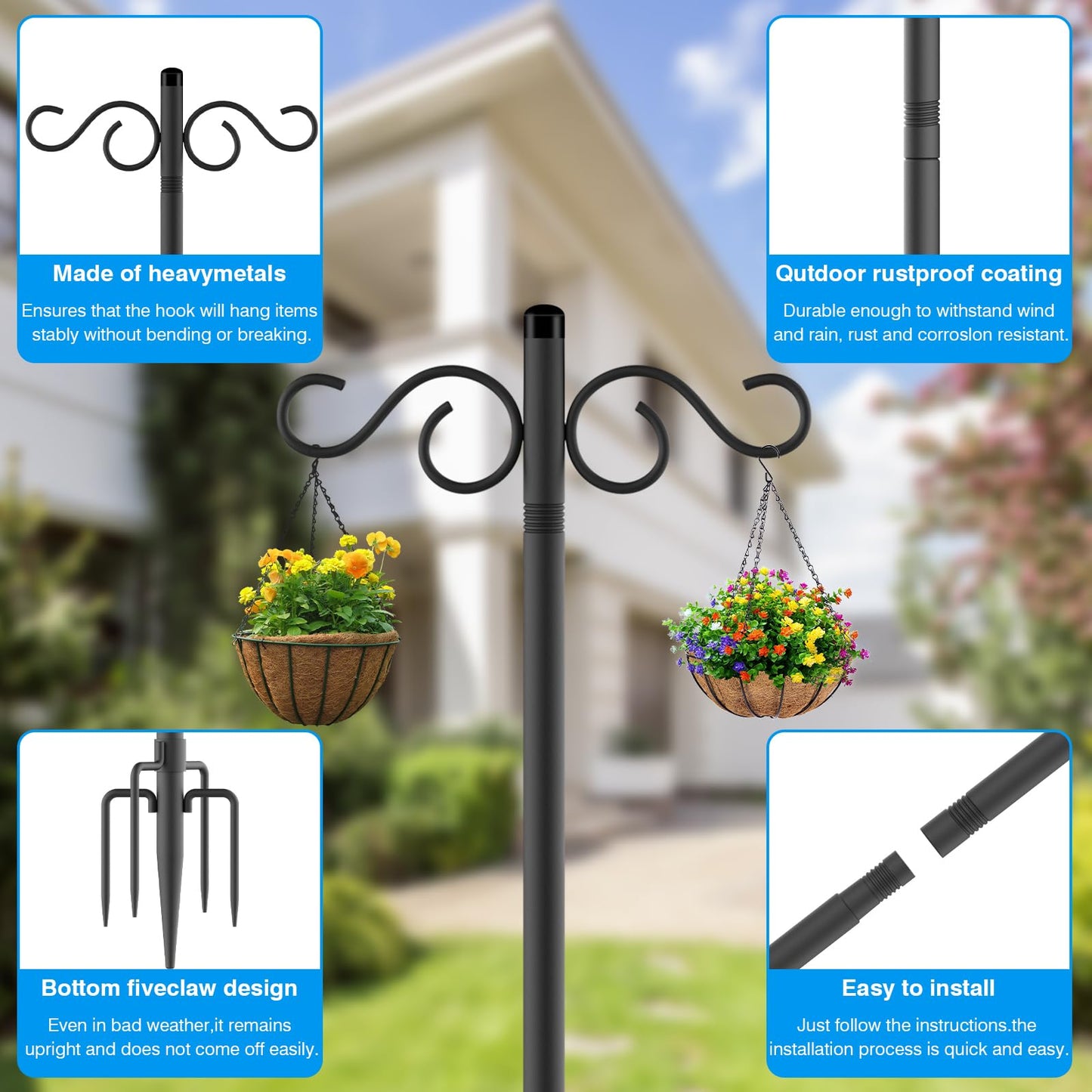 NUERPO Adjustable Shepherd Hooks for Outdoor,2 Pack 90 Inch 5 Prong Base Bird Two Sided Feeder Poles,Heavy Duty Shepherds Hook,Suitable for Garden in Hanging Flower Basket,Lantern,Bird Nests