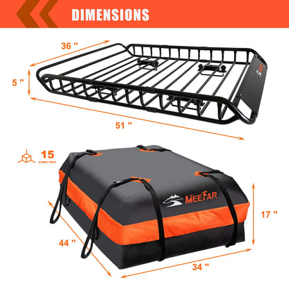MeeFar Roof Rack Carrier Basket Universal Rooftop 51" X 36" X 5" + Waterproof Bag 15 Cubic Feet (44" 34" 17"), and Cargo Net with Attachment Hooks, Ratchet Straps