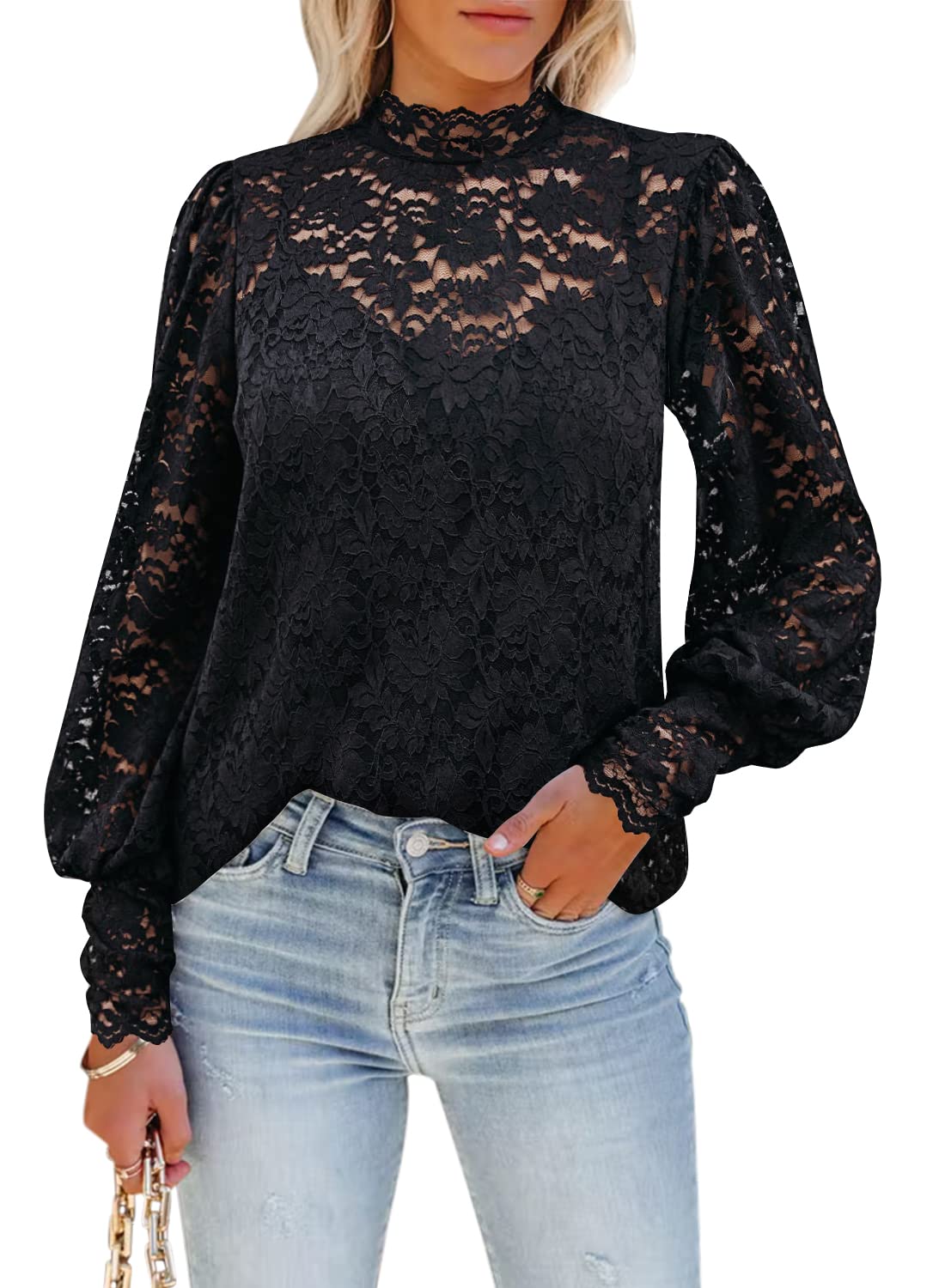 DOROSE Blouses for Women Fashion Fall Tops Puff Sleeve Lace Crochet Shirts Black L