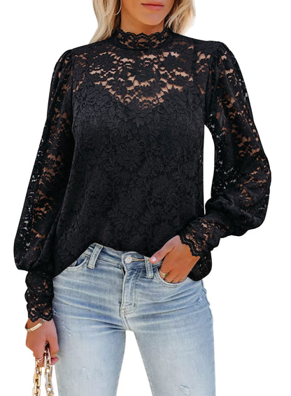 DOROSE Blouses for Women Fashion Fall Tops Puff Sleeve Lace Crochet Shirts Black L