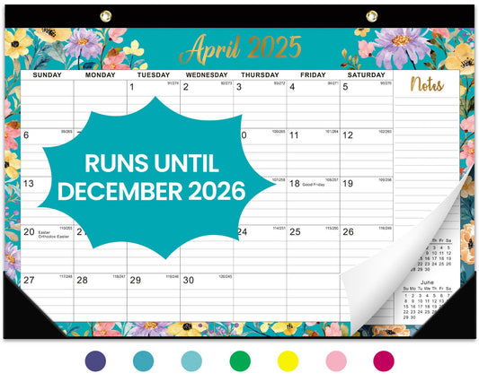 Desk Calendar 2025-2026, 21 Months Calendar Runs from April 2025 to December 2026 - Large 17" x 12" Desktop/Wall Monthly Calendar for Home School, or Office - Floral Pattern