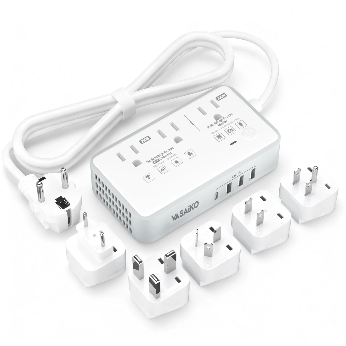 VASAIKO 220V to 110V Voltage Converter US to Europe, 2000W Voltage Converter for European Travel with 3 AC 2 USB-C 2 USB-A Ports, and Universal European Travel Adapter (Gray)