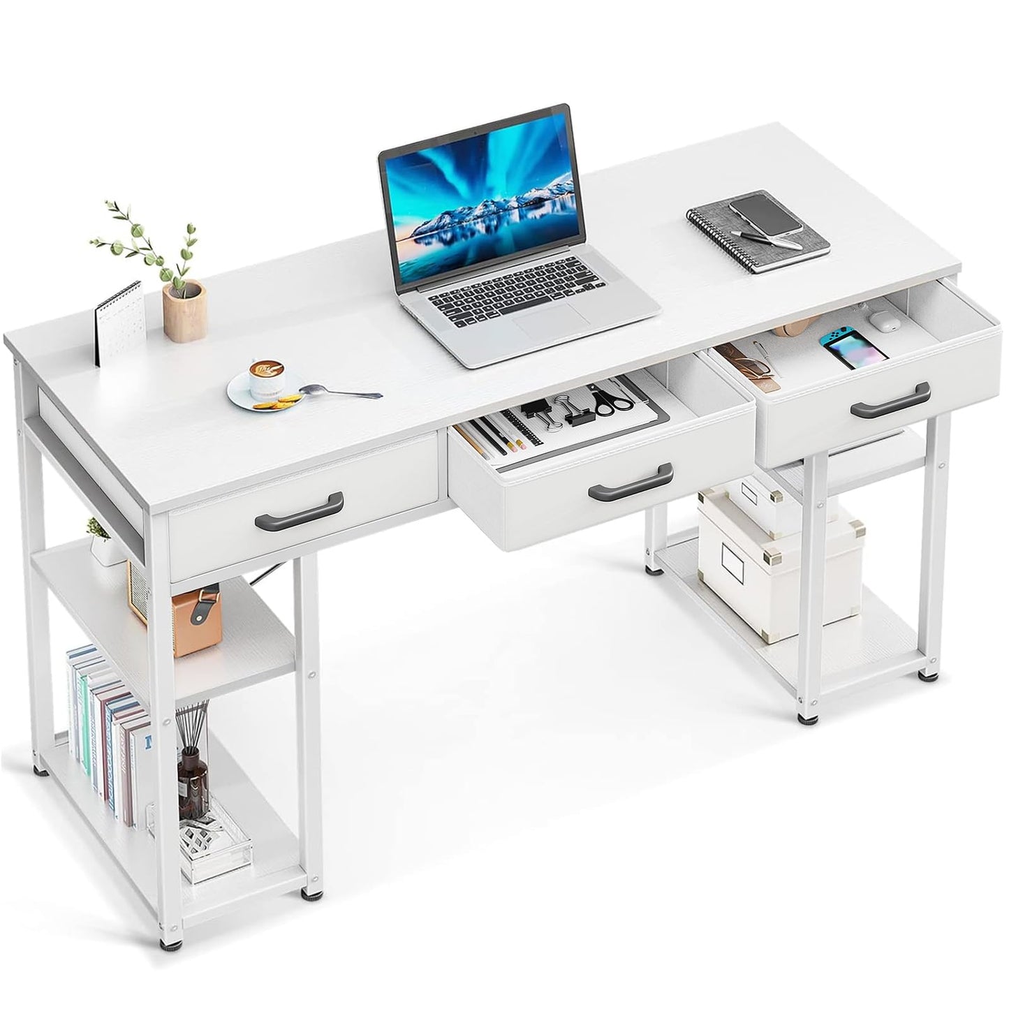 ODK Office Small Computer Desk: Home Table with Fabric Drawers & Storage Shelves, Modern Writing Desk, White, 48"x16"