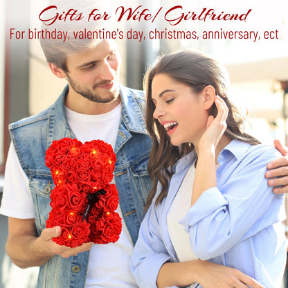 Otlonpe Cute Bear Rose Flower with Light | Women Gifts & Indoor Table Decorations for Christmas, Valentines, Mothers Day, Birthday, Anniversary | Handmade Gifts for Women Mom Wife Girlfriend (Red)