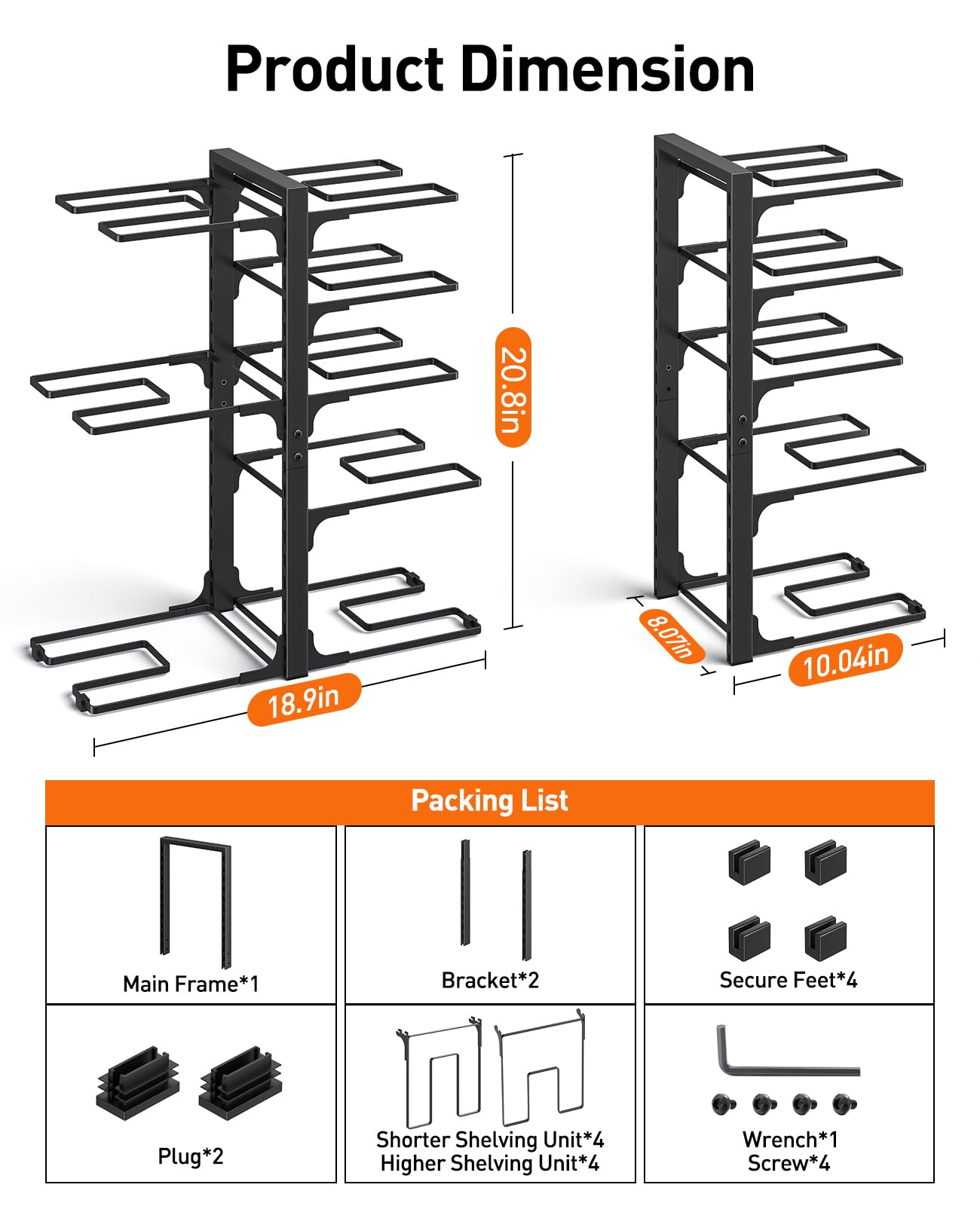 ORDORA Pots and Pans Organizer: under Cabinet, 20.8" Height Heavy Duty 120LBS Pots Pans Organizer Rack for under Cabinet 8-Tier Adjustable for Big Stockpots, Dutch Oven, Cast-iron Pans, Heavy Cookware