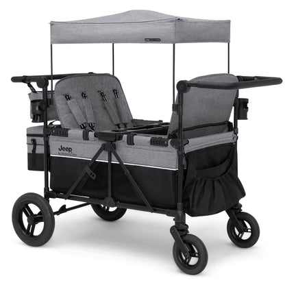 Jeep Wrangler Deluxe 4 Seater Stroller Wagon by Delta Children - Premium Quad Stroller Wagon for 4 Kids with Convertible Seats, Adjustable Push/Pull Handles, Removable Canopy & Flat Fold, Grey