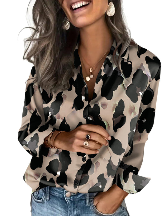 Zeagoo Womens Long Sleeve Blouses Silk Button Down Shirts Long Sleeve Business Casual Tops Leopard
