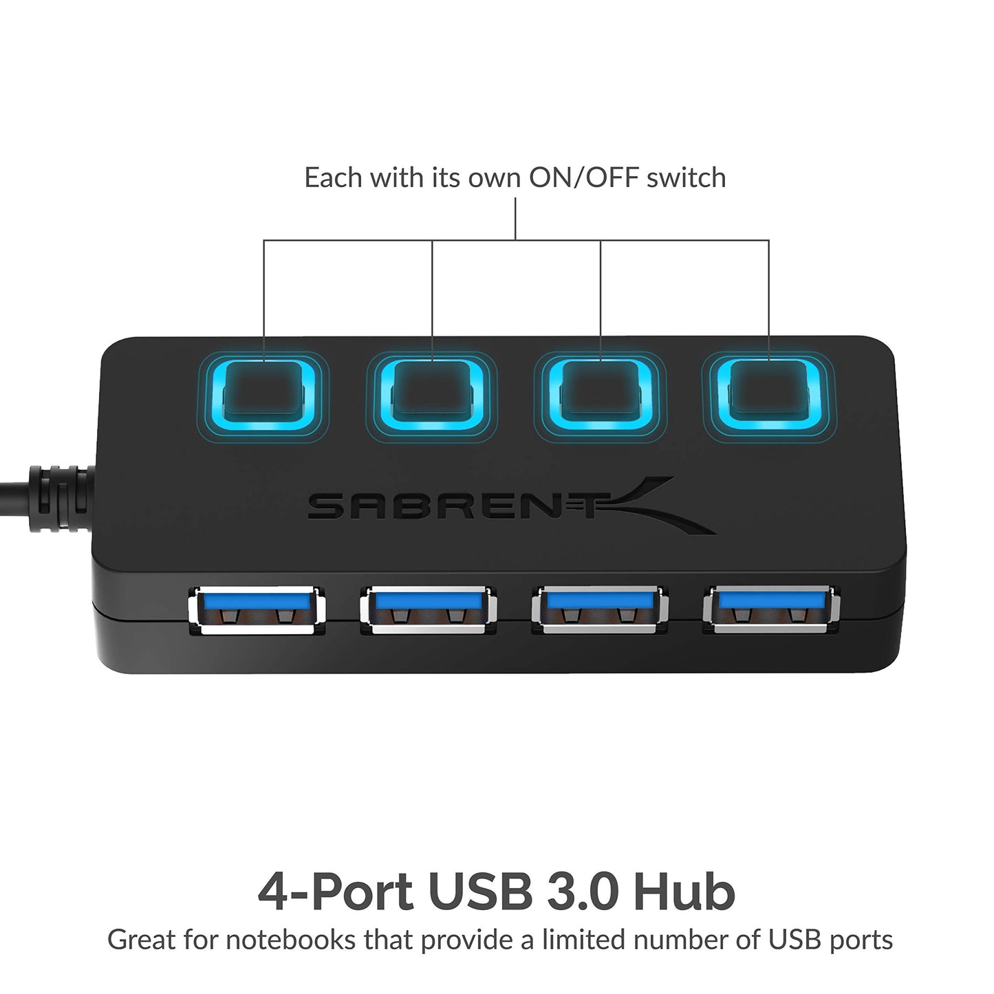 SABRENT 4-Port USB 3.0 Hub with Individual LED Power Switches - Slim, Portable Design - 2 Ft Cable - Fast Data Transfer - Compatible with Mac & PC (HB-UM43)