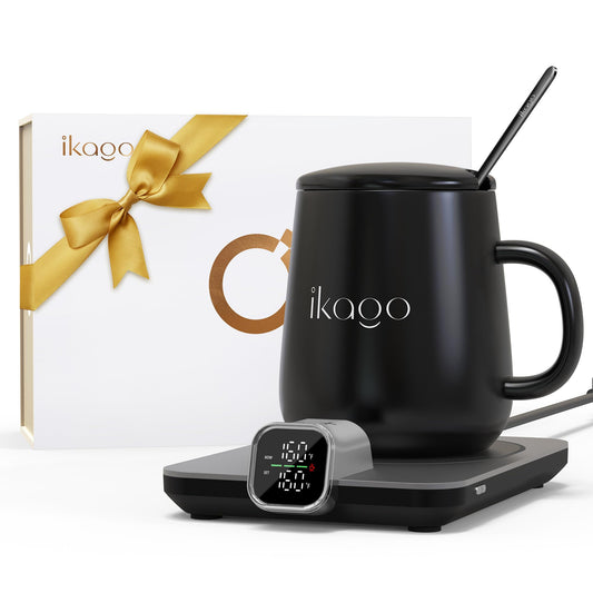 iKago Coffee Mug Warmer Set, Temperature Control Smart Heated Mug for Desk, Electric Coffee Warmer with Auto Shut Off & Real-Time Temp Display, Gifts for Men Women, 15oz, Black