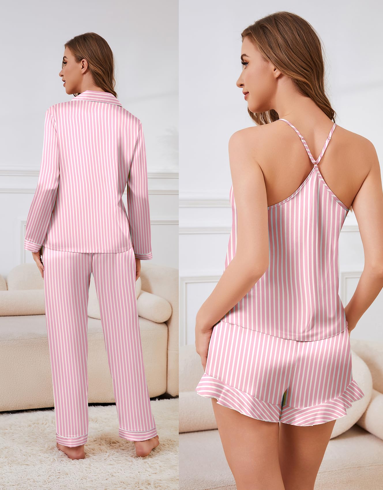 SAPJON Satin Silk Pajamas for Women Set 5PCS Classic Button Down Pajamas Top and Pants Cami and Ruffle Shorts Sleepwear Pink Stripe