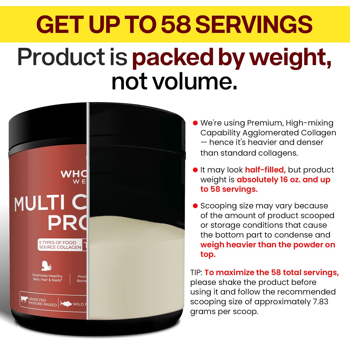 Multi Collagen Protein Powder Hydrolyzed (Type I II III V X) Grass-Fed All-in-One Super Bone Broth + Collagen Peptides - Premium Blend of Beef, Chicken, Wild Fish, Eggshell, 58 Servings, Unflavoured