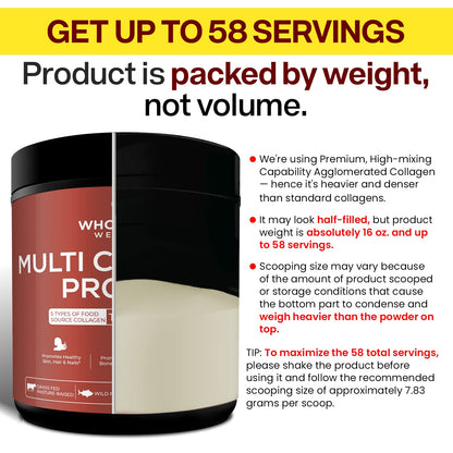 Multi Collagen Protein Powder Hydrolyzed (Type I II III V X) Grass-Fed All-in-One Super Bone Broth + Collagen Peptides - Premium Blend of Beef, Chicken, Wild Fish, Eggshell, 58 Servings, Unflavoured