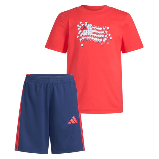 adidas Boys' Short Sleeve Cotton Tee Shirt and 3-Stripe Short Set, Pure Ruby, 3T