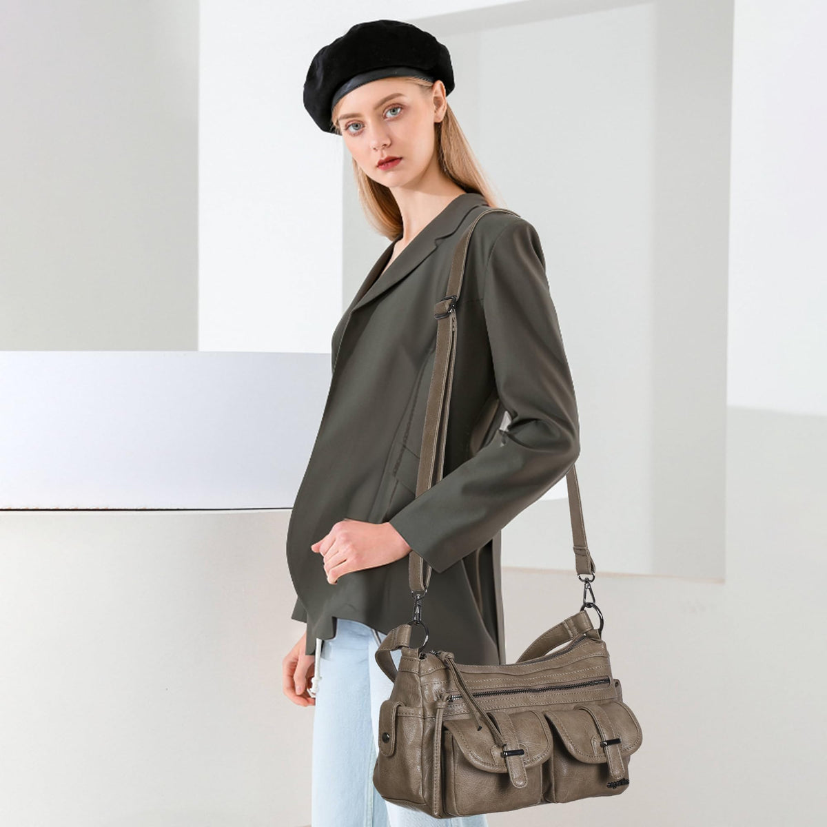 Angel Kiss Hobo Purses for Women Crossbody Shoulder Bag Ladies Multi Pocket Handbags with Adjustable Shoulder Strap,Khaki