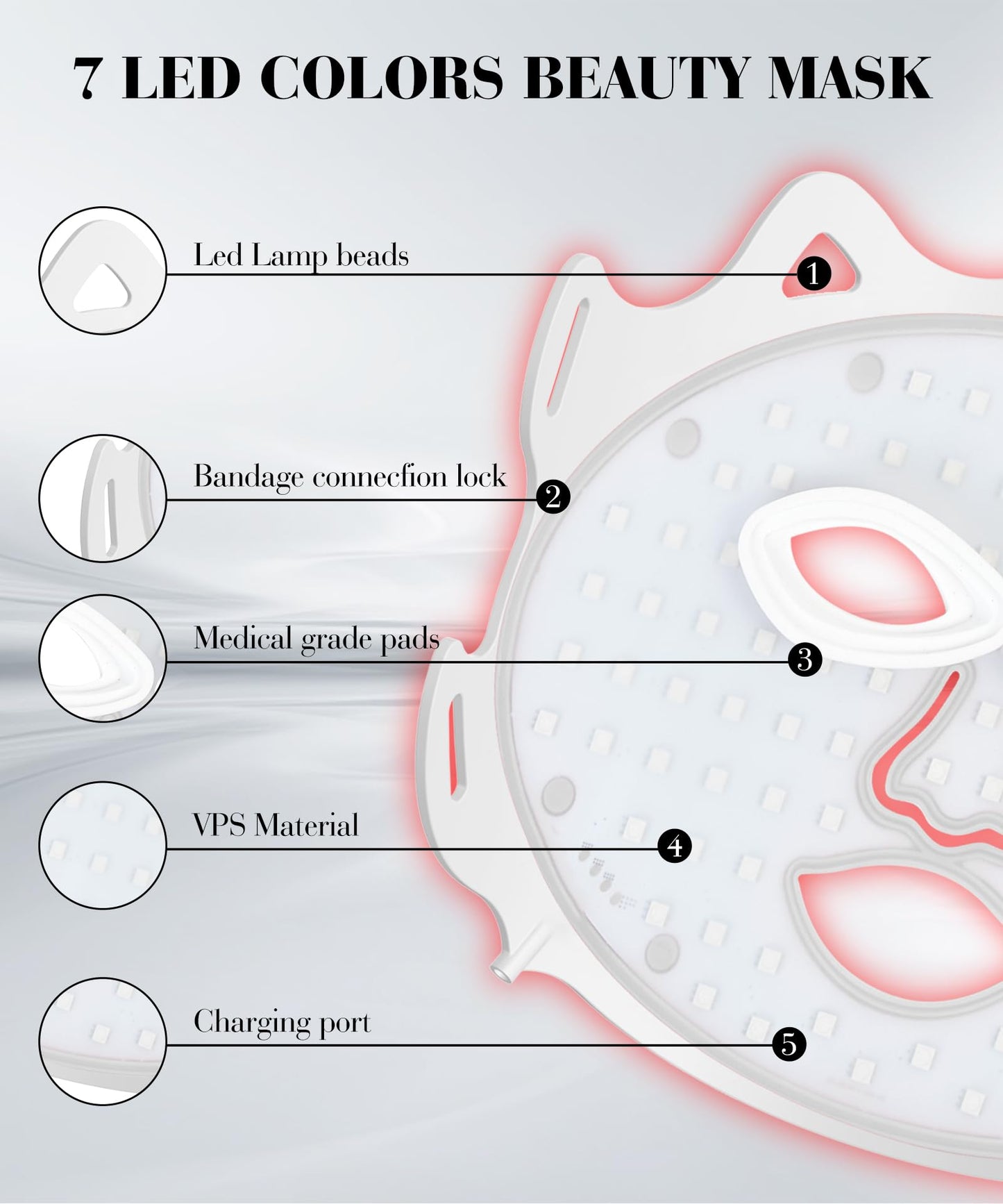 SDKWDH Red Light Therapy for Face, 7 Colors LED Face Mask Light Therapy At Home, Led Face Mask Light Therapy, White