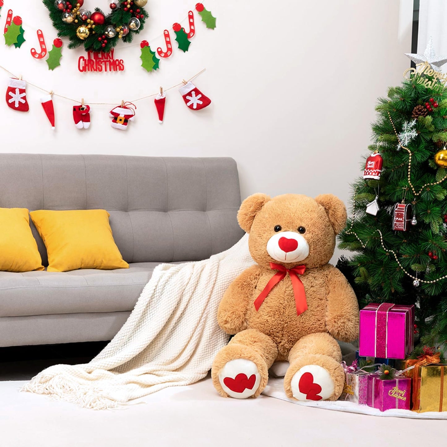 HollyHOME Big Teddy Bear Stuffed Animal Valentines Large Bear Plush with Red Heart for Girlfriend and Kids Valentines 36 inch Tan
