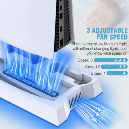 PS5/PS5 Slim/PS5 Pro Stand and Cooling Station with Dual Controller Charging Station for PlayStation 5 Console, PS5 Accessories Incl. Controller Charger, Cooling Fan, Headset Holder, 3 USB Hub, White