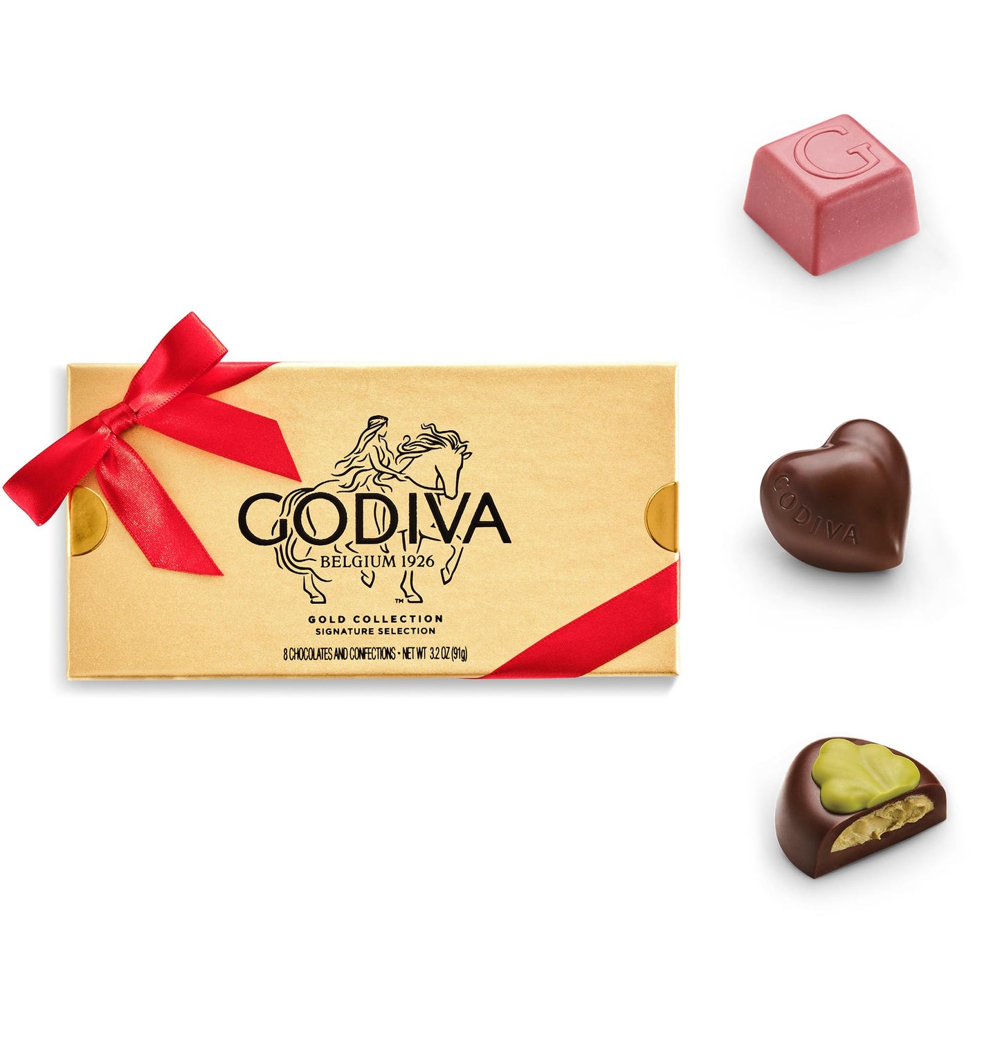 Godiva Red Ribbon Gold Assorted Chocolate Gift Box, Belgian Dark and Milk Chocolates with Pralinés, Ganaches & Caramels, Gourmet Valentine's Day Gift, Kosher, 8 Pc