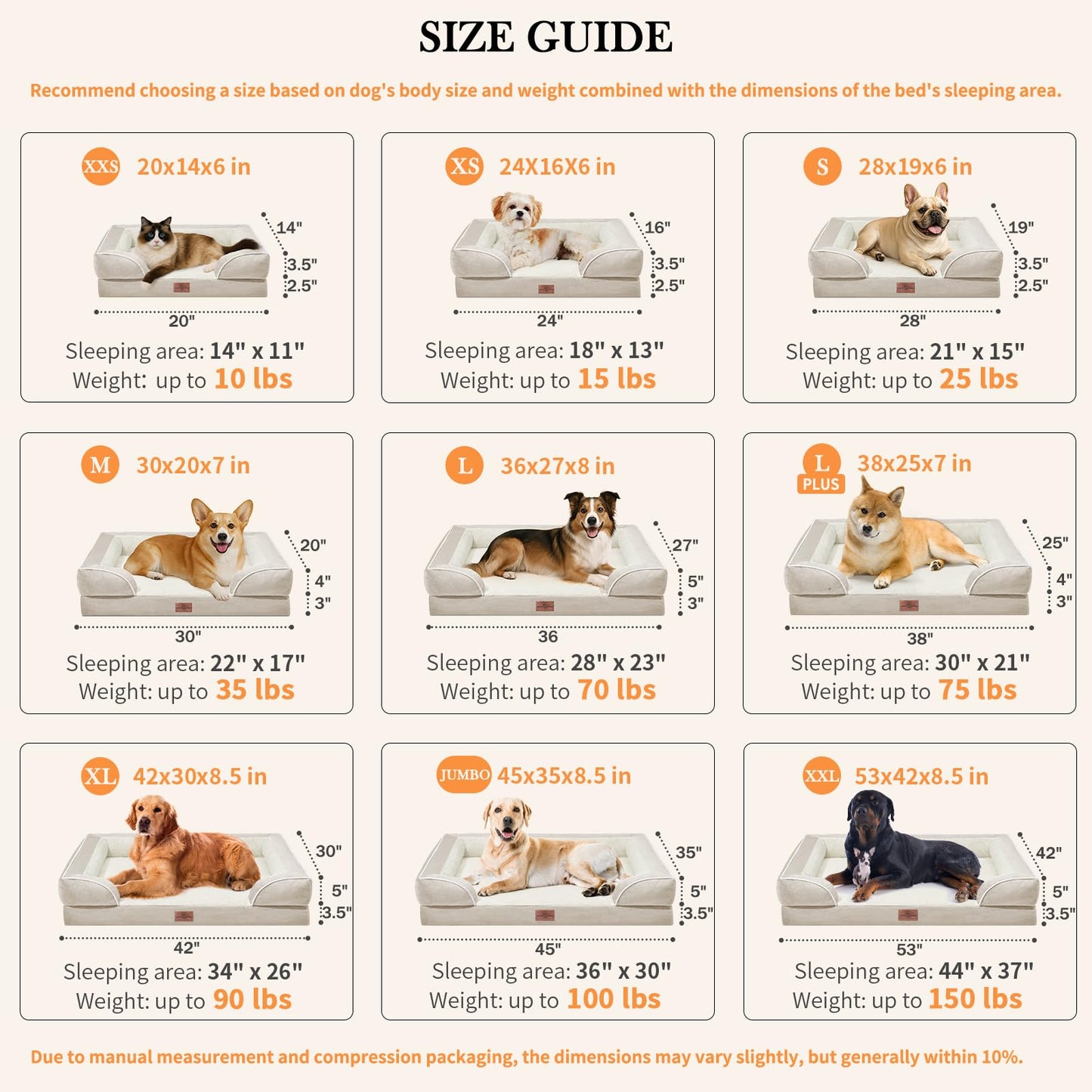 Comfort Expression Orthopedic Dog Bed for Extra Large Dogs 42x30 Inch, Waterproof Supportive Egg Crate Foam XL Pet Bed with Removable Bolsters, Dog Couch with Washable Cover & Non-Slip Bottom, Beige
