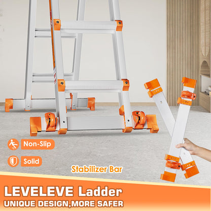 LEVELEVE 17FT Extension Ladder,A Frame 5 Step Ladder with Stabilizer Bar & Wheels,330 lbs Security Load Multi Position Ladder for Stairs Home Indoor Outdoor Roof