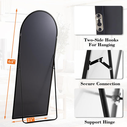 DUMOS Arched Full Length Mirror with Stand 64"x21" Floor Standing Aluminum Frame for Bedroom Body Hanging Leaning Modern Simple Home Decor Shatter-proorf Nano Glass Wall Living Room Cloakroom Black