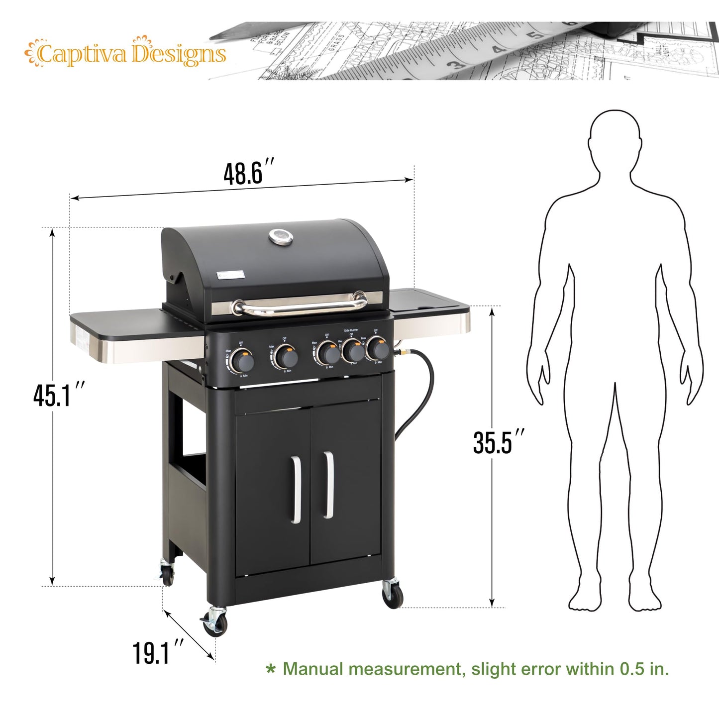 Captiva Designs 4-Burners Propane Gas BBQ Grill with Side Burner & Porcelain-Enameled Cast Iron Grates, 46,700 BTU Output for Outdoor Cooking Kitchen and Patio Backyard Barbecue, Black