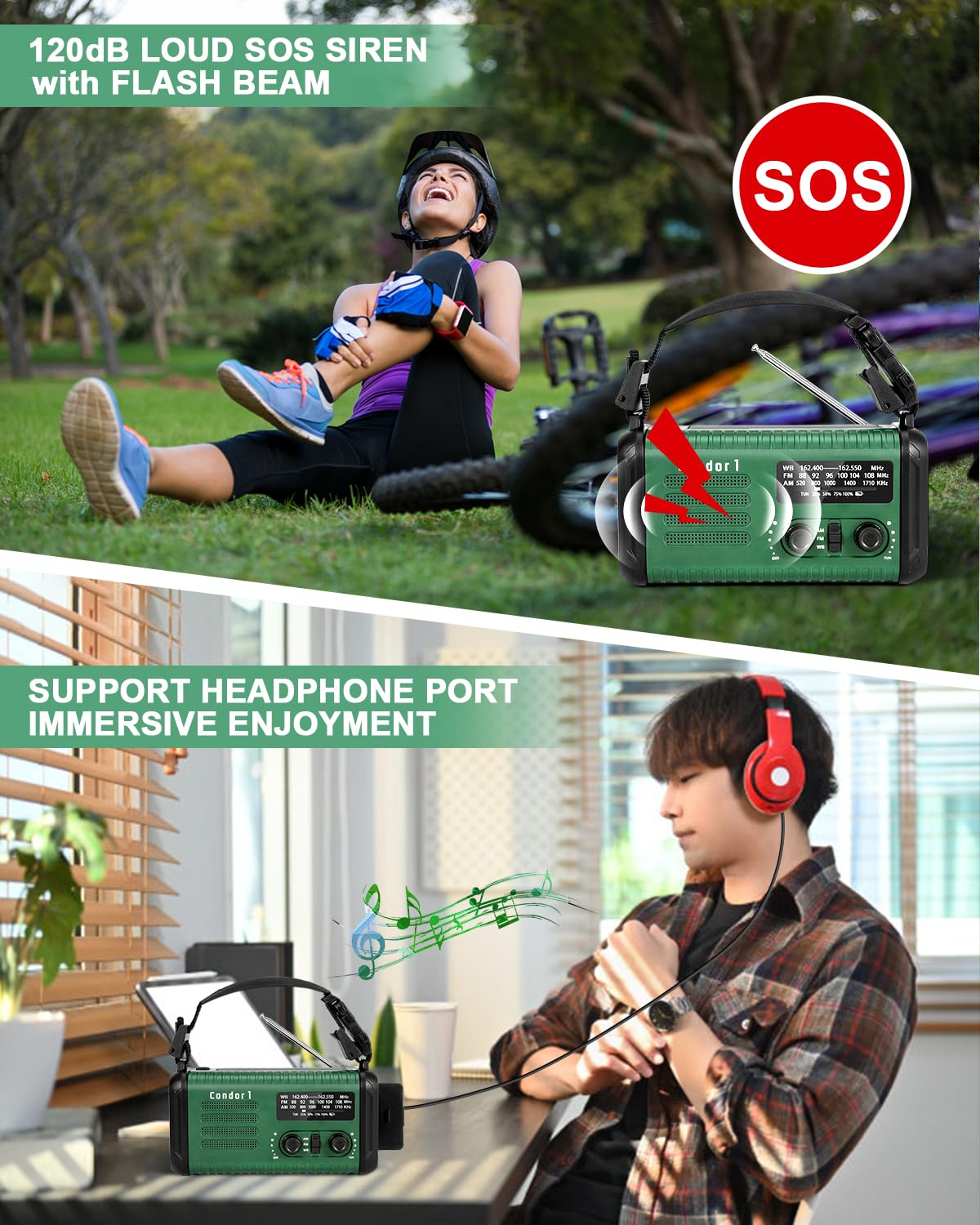 Emergency Crank Radio, 20000mAh / 74000mWh Solar Hand Crank Weather Radio with NOAA/AM/FM, Battery Powered Radio with Cell Phone Charger, Reading Lamp, Flashlight & SOS for Emergencies/Home