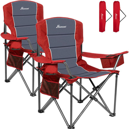 Romswi Oversized Camping Chairs,Heavy Duty Support 500 LBS,Padded Back & Arm Sport Chairs, Cup Holder Cooler Bag, Collapsible Folding Chairs for Outdoor, Fishing & Garden, Red,2-Pack