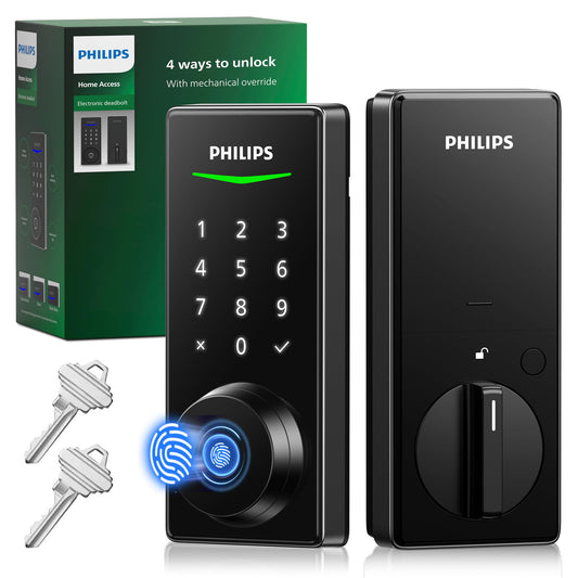 Philips Fingerprint Keyless Entry Door Lock, Electronic Door Lock with Touchscreen, Long-Lasting Battery, Auto Locking, One-Time Code, Keypad Deadbolt, One-Touch Locking, Matte Black