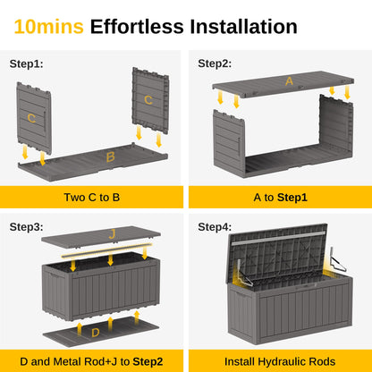 EAST OAK Outdoor Storage Box, 90 Gallon Deck Box, Waterproof Resin Storage Bin for Patio Cushions, Gardening Tools, Lockable, UV Resistant, Grey