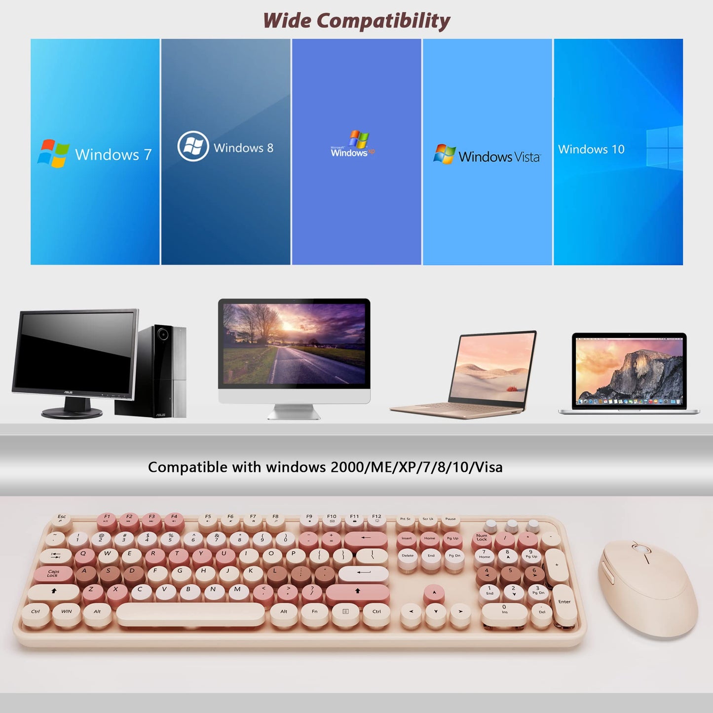 Wireless Keyboard and Mouse, KOOTOP Cute Keyboard and Mouse, 2.4G Wireless Keyboard with Retro Round Keycap for PC, Mac, Laptop,Tablet,Computer Windows (Milk Tea)