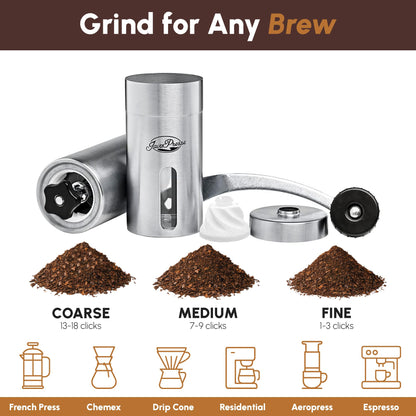 JavaPresse Manual Stainless Steel Coffee Grinder - 18 Adjustable Settings, Portable Conical Burr Grinder for Camping, Travel, Espresso - With Hand Crank