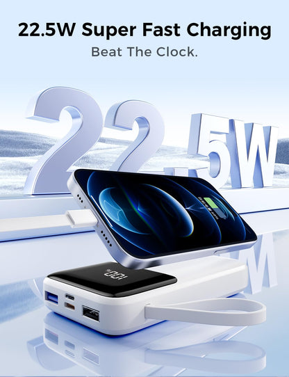 HELLEE Portable Charger with Built in Cable, 15000mAh Power Bank, 22.5W Fast Charging, 6 Outputs, Slim Travel Essential Battery Pack with LED Display, Compatible with iPhone 16/15/14/13, iPad