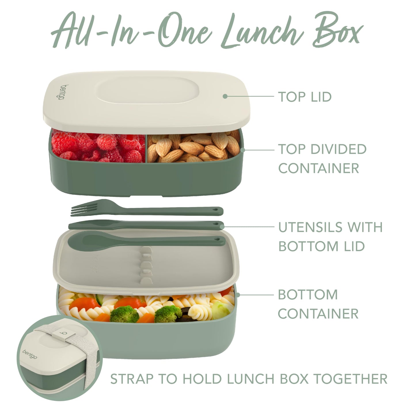 Bentgo Classic - Adult Bento Box, All-in-One Stackable Lunch Box Container with 3 Compartments, Plastic Utensils, and Nylon Sealing Strap, BPA Free Food Container (Khaki Green)