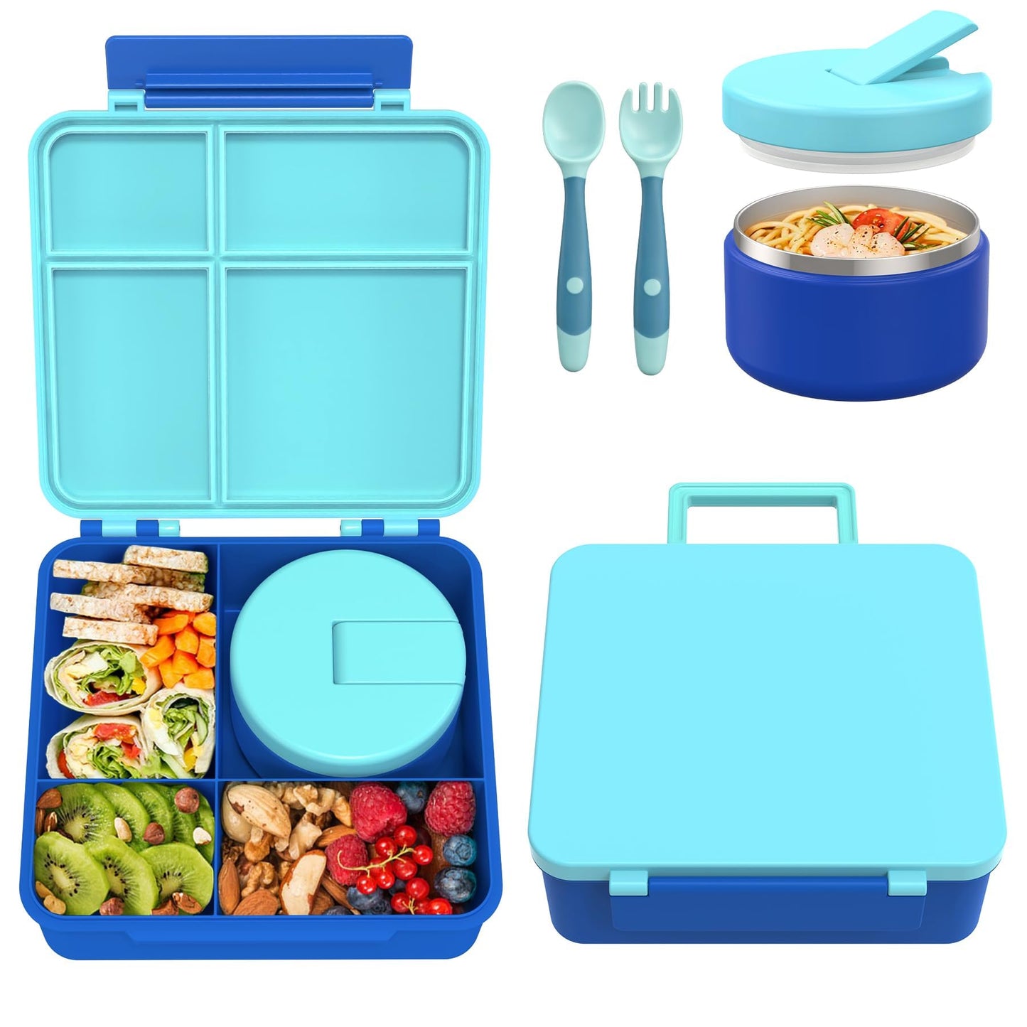 Pawtong Bento Lunch Box with 8oz Soup Thermo, Kids Leakproof Lunch Food Containers with 4 Compartment, Kids Thermo Insulated Hot Food Jar for School, Trvael（Blue