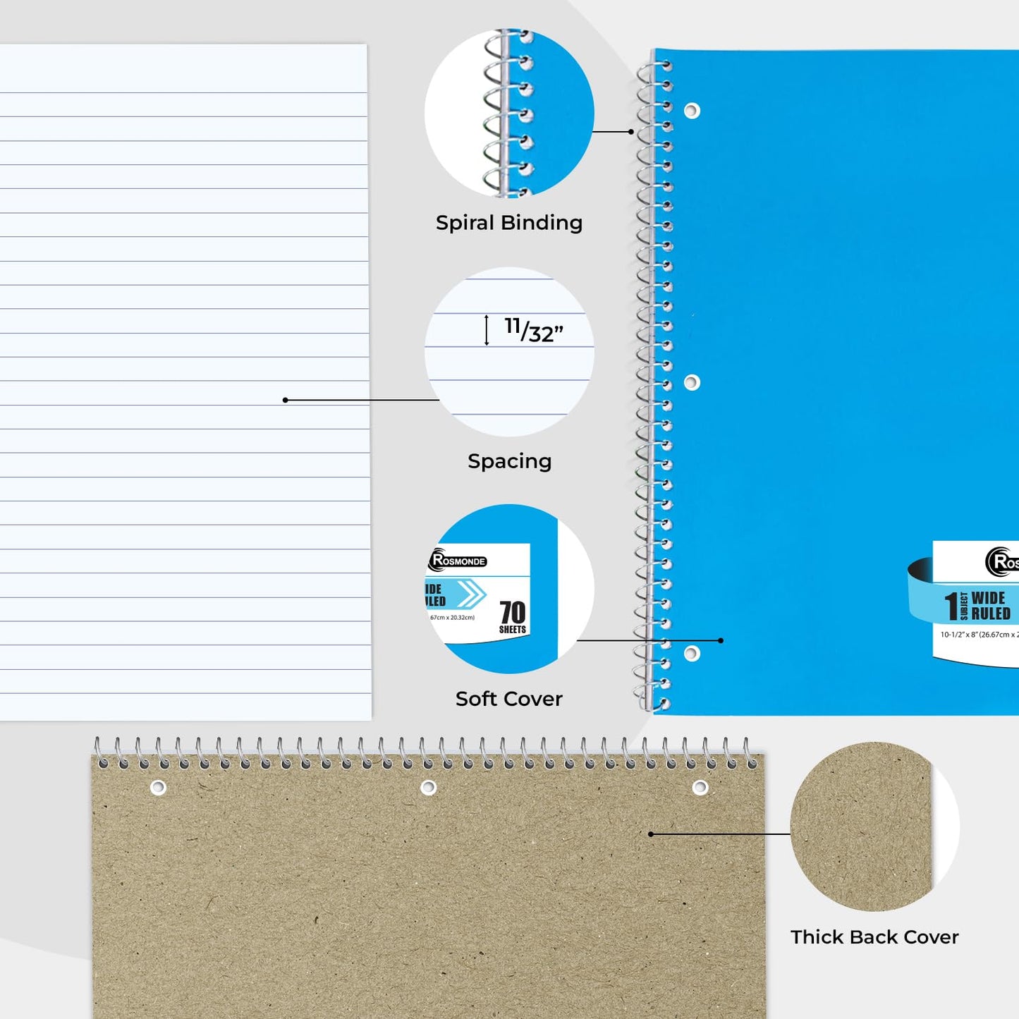 Rosmonde Spiral Notebooks, 12 Pack, 1 Subject Notebook, Wide Ruled, 70 Sheets, 8 x 10-1/2", 3 Hole Punched, School Supplies, Bulk Single Subject Spiral Notebook Bulk, Assorted Colors Pack of Notebooks