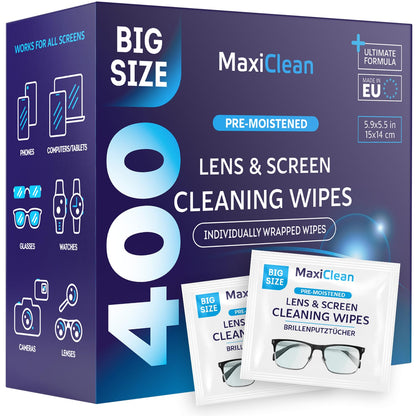 Glasses Wipes Lens Cleaner - Lens Wipes for Eyeglasses - 400 Pre-moistened Individually Wrapped Wipes for Eye Glasses, Electronics, Phone, Computer, Laptop Screen - Camera Lens Cleaner - Made in EU