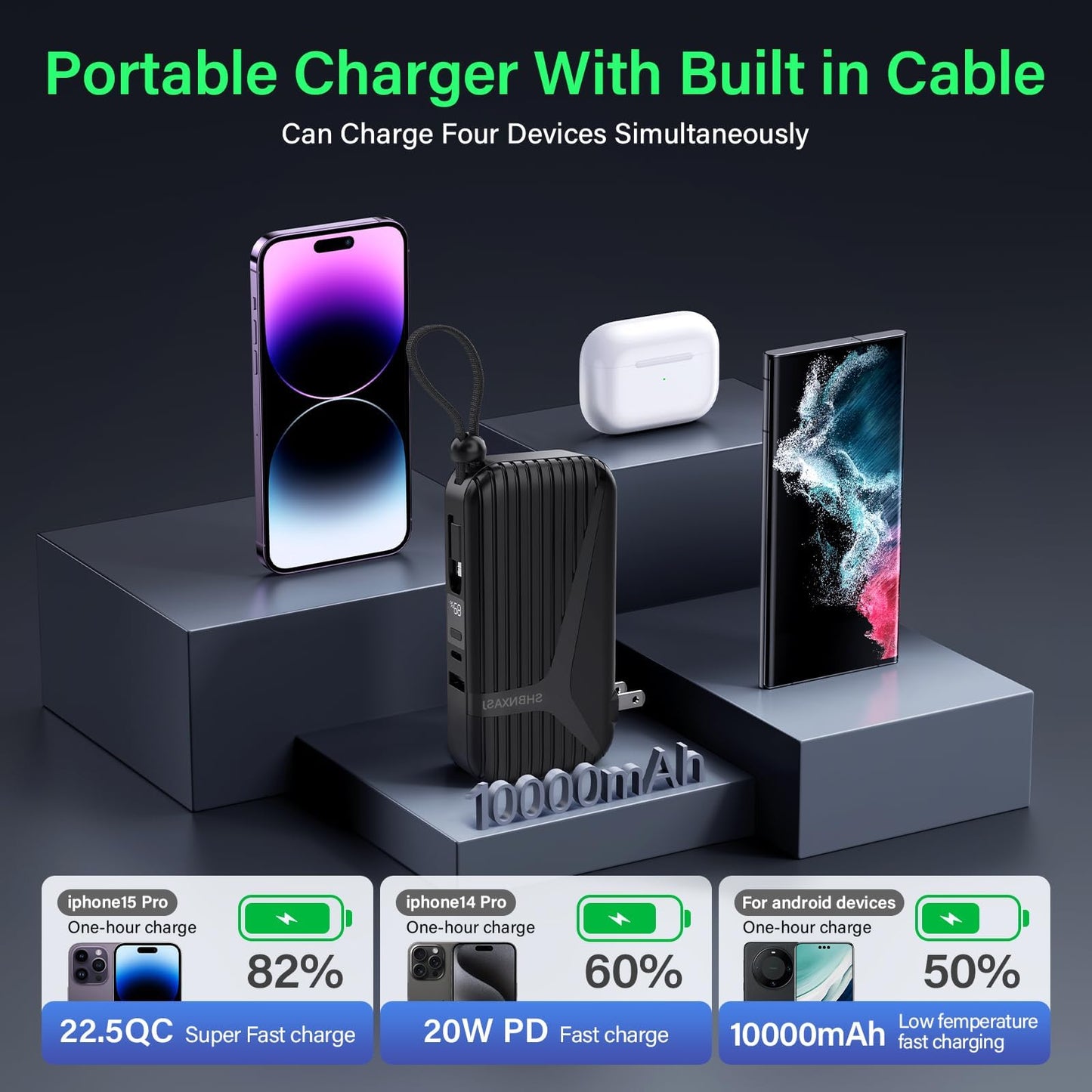 Portable Charger with Built in Cable and AC Wall Plug,10000 mAh External Battery Power Bank, LED Display 4 Outputs 2 Inputs, Travel Phone Charger Battery Pack for iPhone 16 15 14 13 Samsung iPad