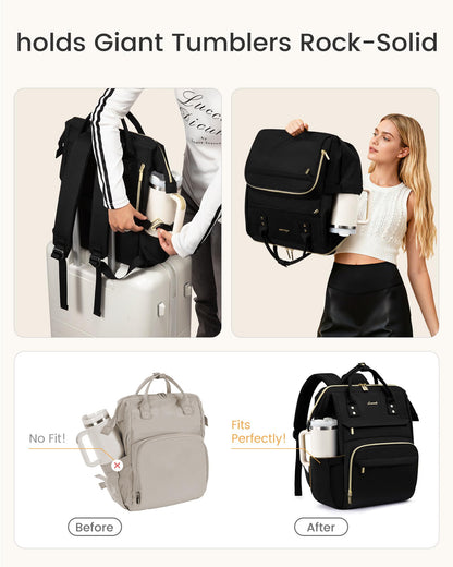LOVEVOOK Laptop Backpack for Women with Giant Tumbler Holder Pocket,15.6 inch Waterproof Travel Backpack Purse Computer Laptop Bag,Professional Work College Nurse Teacher Backpack Casual Daypack,Black