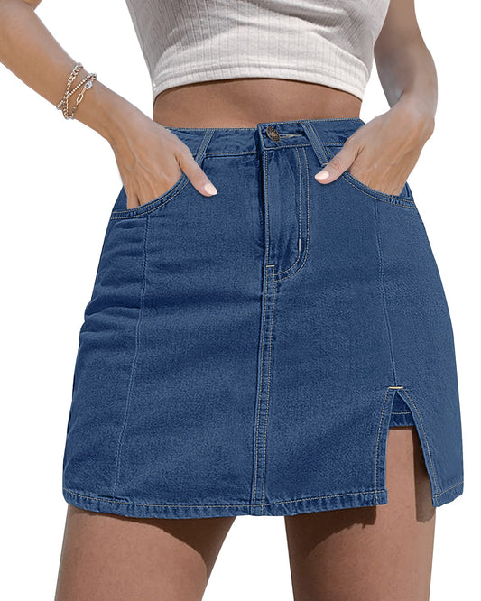 luvamia Skorts Skirts for Women Denim Mini Skirt Side Slit with High Waisted Jean Shorts Stretchy Womens Jean Shorts for Summer Skorts for Jean Shorts for Women Medium Blue Size X-Small