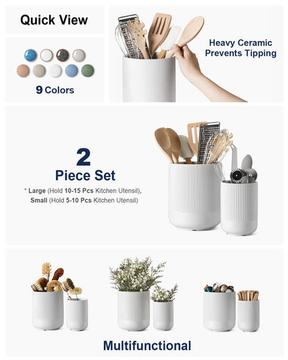 LE TAUCI Utensil Holder, 7.3"+5.4" Ceramic Kitchen Utensil Holder for Countertop, Large Cooking Utensil Crocks for Kitchen Counter Decor, Morden Utensil Organizer for Spatula, Set of 2, White