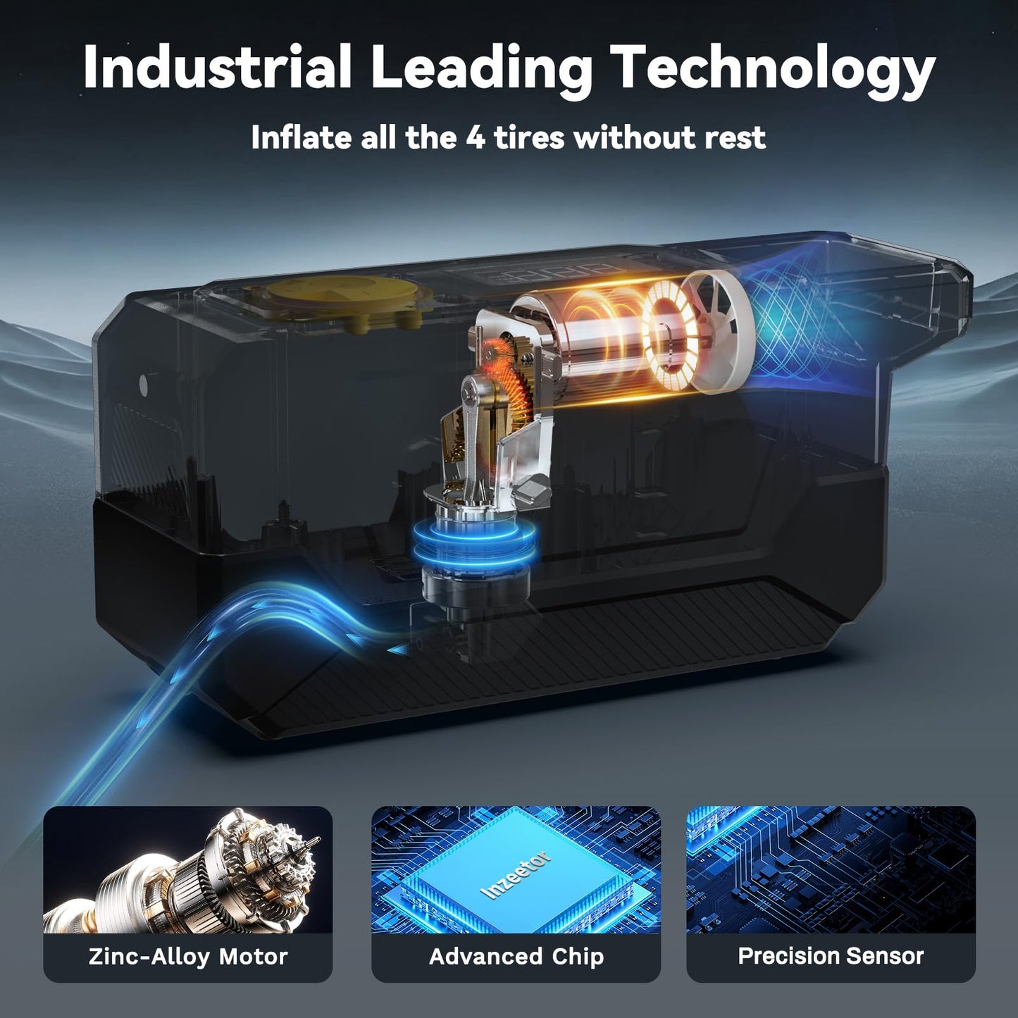 Inzeetor 150 PSI Tire Inflator Portable Air Compressor, 12V DC Auto Shutoff Air Pump with Digital Pressure Gauge and Emergency LED Light for Car Tires, Bicycle & Balloons, Black