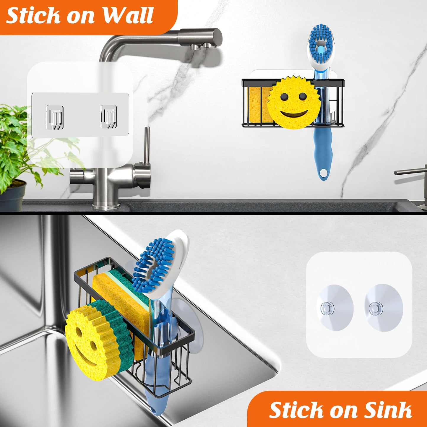 MURLONG Sponge Holder Smiley Face, Sink Caddy for kitchen Sink, Kitchen Organizer Sponge Holder with 2 PCS Suction Cups/1 PCS Adhesive Strips, Designed for Sponge, Soap, Dish brush, Scrubber-Black