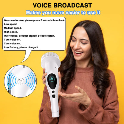 Electric Spin Scrubber, Electric Spin Cordless Tub and Tile Scrubber with Voice Broadcasting 3 Speed 9 Replaceable Clean Heads Power Spin Scrubbers