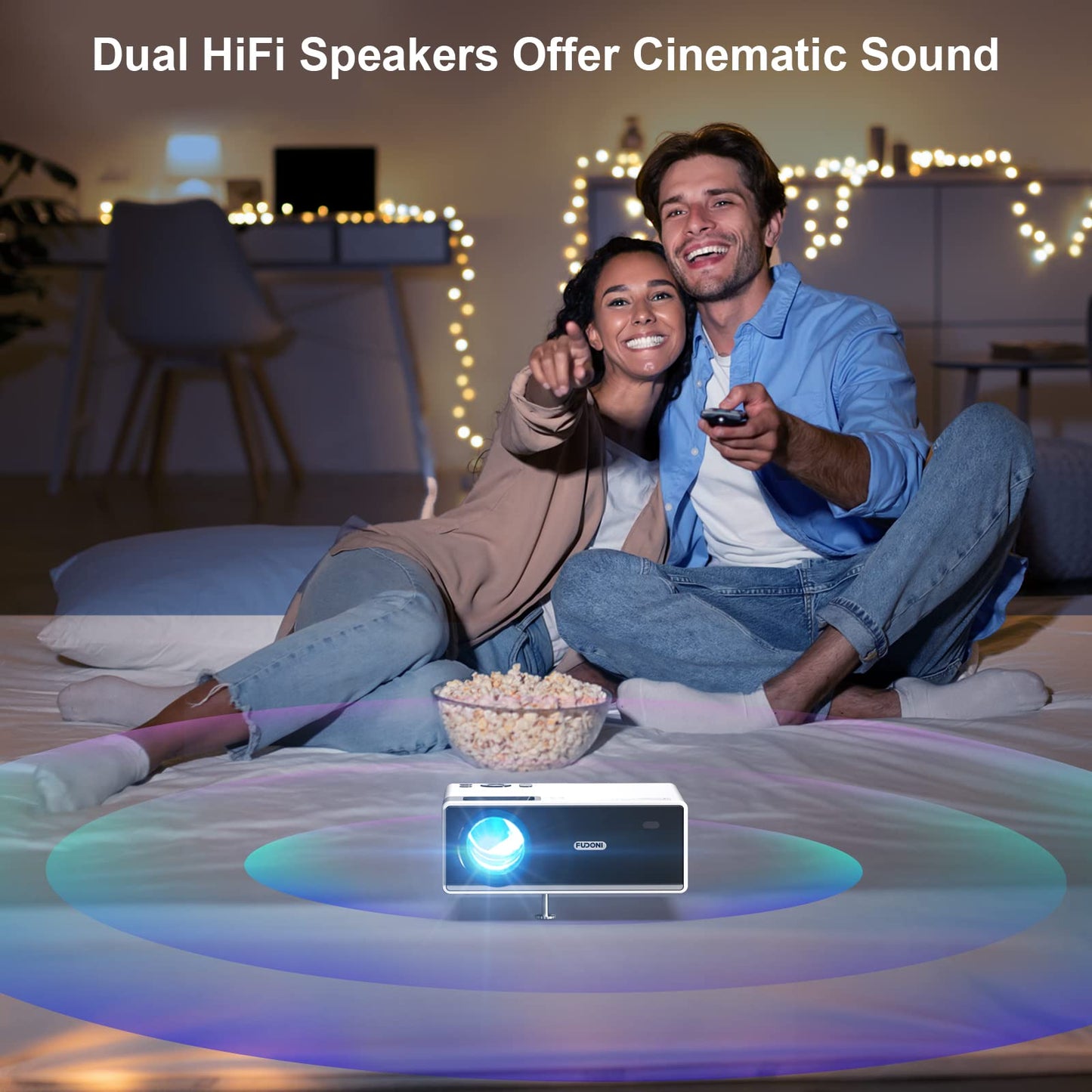 FUDONI Projector with WiFi and Bluetooth, Outdoor Portable 4K Support Projector 15000L HD 1080P Max 300" Display Zoom, Movie Video Home Theater Projector Compatible with HDMI/USB/Phone/Laptop/TV Stick