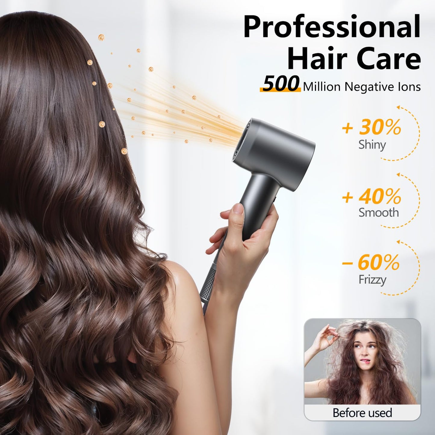 Hair Dryer - 1 Min Fast Drying, High-Speed Blow Dryer with 500 Million Negative Ions, No Heat Damage, Lightweight, Professional Hairdryer with Diffuser & Nozzle for Valentine's Day Gifts, Gunmetal