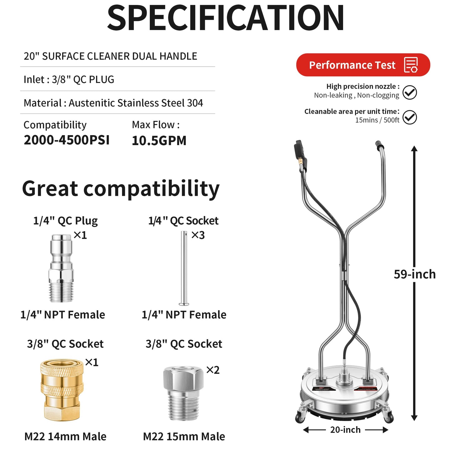 DAIMOT 20" Pressure Washer Surface Cleaner with 4 Wheels - Stainless Steel Dual Handle Surface Cleaner for Pressure Washer Attachment for Concrete, Patio, Sidewalk, Deck and Driveways