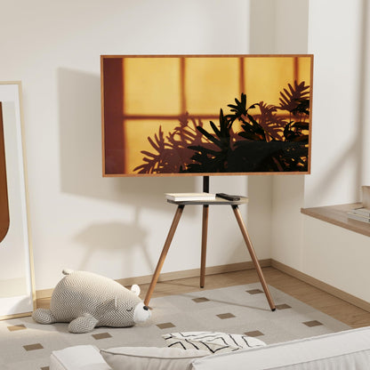 ECOTINY Tripod Easel TV Stand for 43 to 65 Inch LCD LED OLED Screen, Height Adjustable and Swievel TV Stand, Portable Corner TV Floor Stand with Wooden Tray, VESA 400x400mm, Minimalist Black Walnut