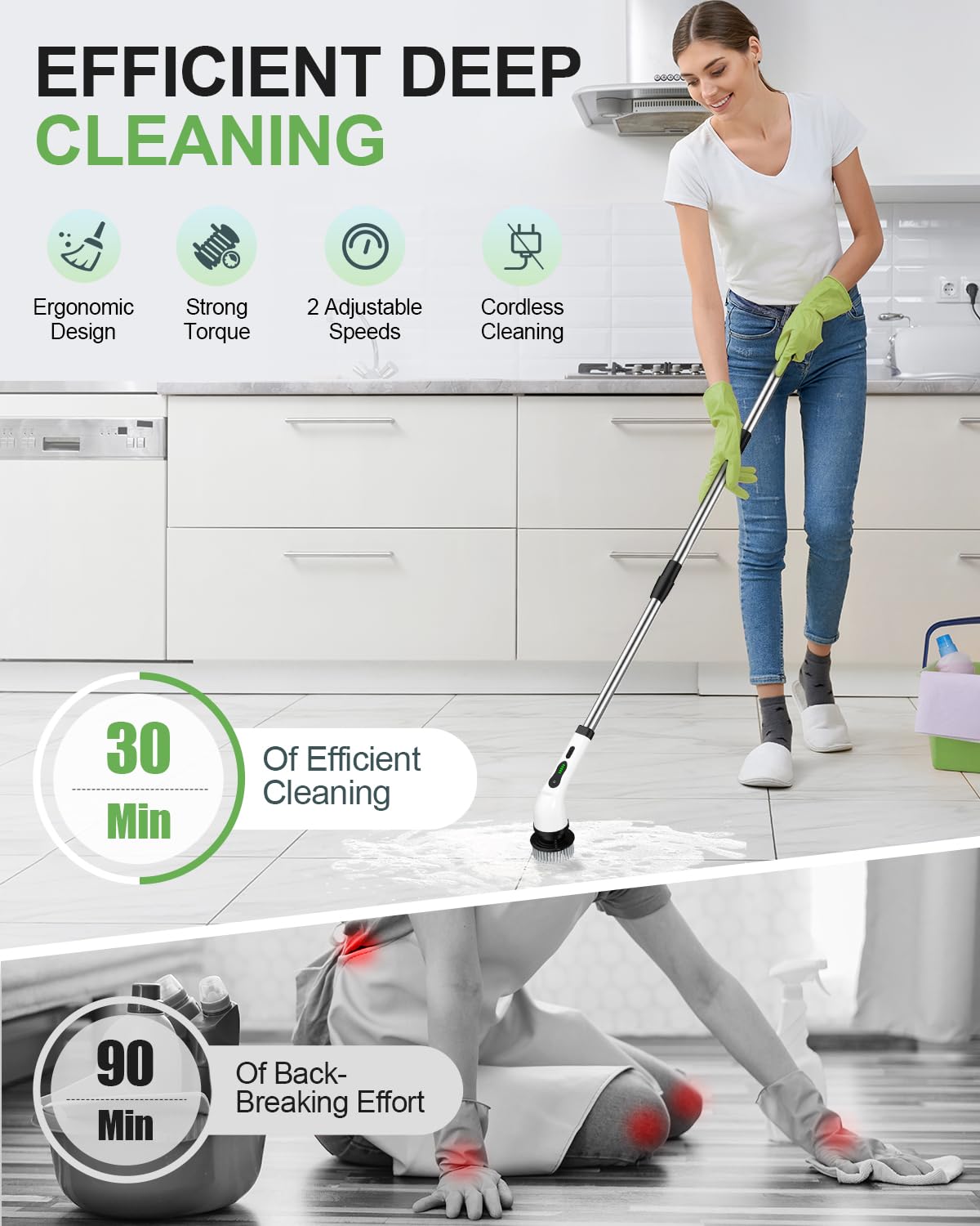 Electric Spin Scrubber, Cordless Cleaning Brush, Shower Cleaning Brush with 9 Brush Heads 2H Power Dual Speed, Adjustable Extension Handle, IPX7 Waterproof for Tub Tile Floor Car, JLA White-XP1..